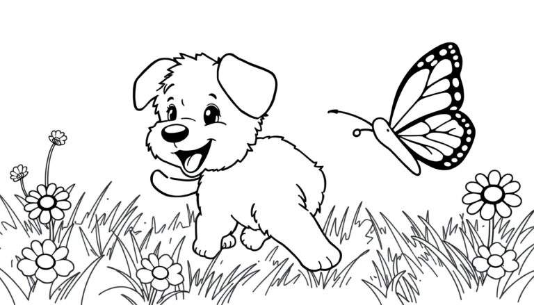 Una placa de color de un cachorro persiguiendo una mariposa.