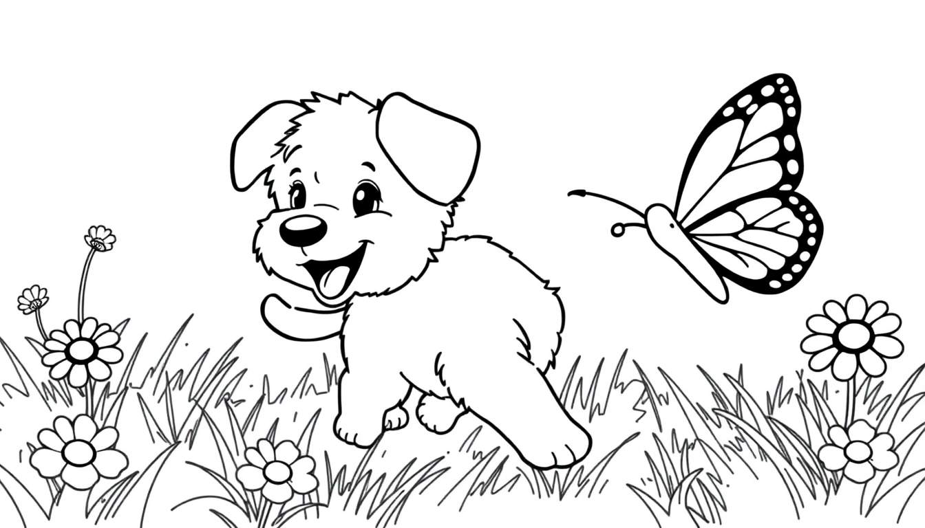 Una placa de color de un cachorro persiguiendo una mariposa.