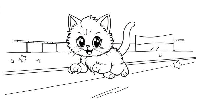 Placa de color de un gatito lindo corriendo con las patas extendidas en una pista de carreras.