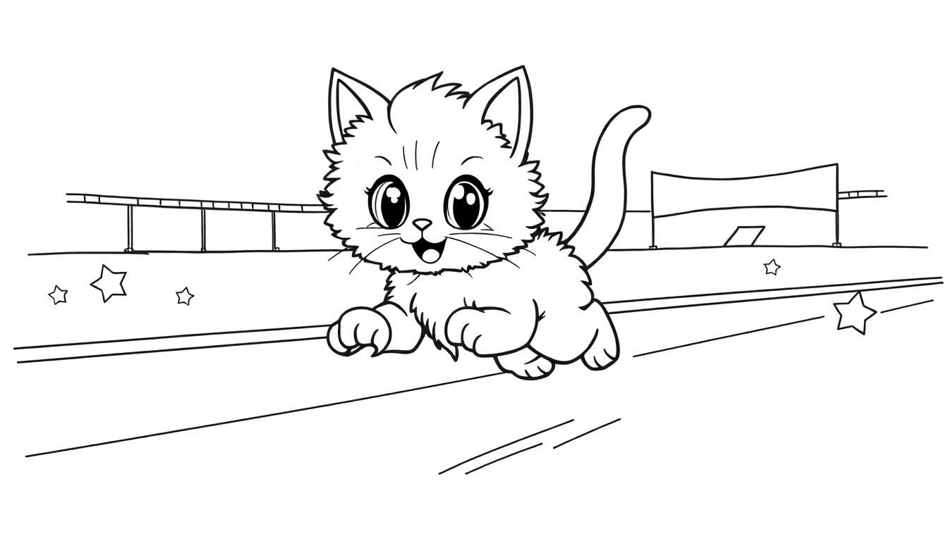 Placa de color de un gatito lindo corriendo con las patas extendidas en una pista de carreras.