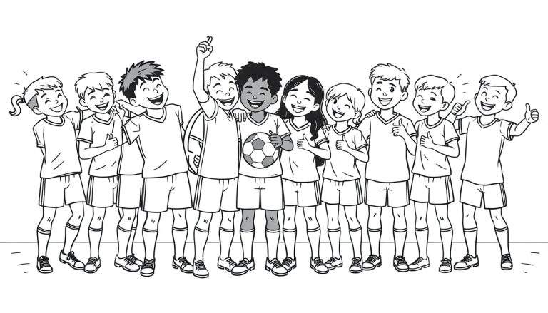 Placa de color de un equipo de fútbol infantil celebrando con un pulgar hacia arriba y un balón.