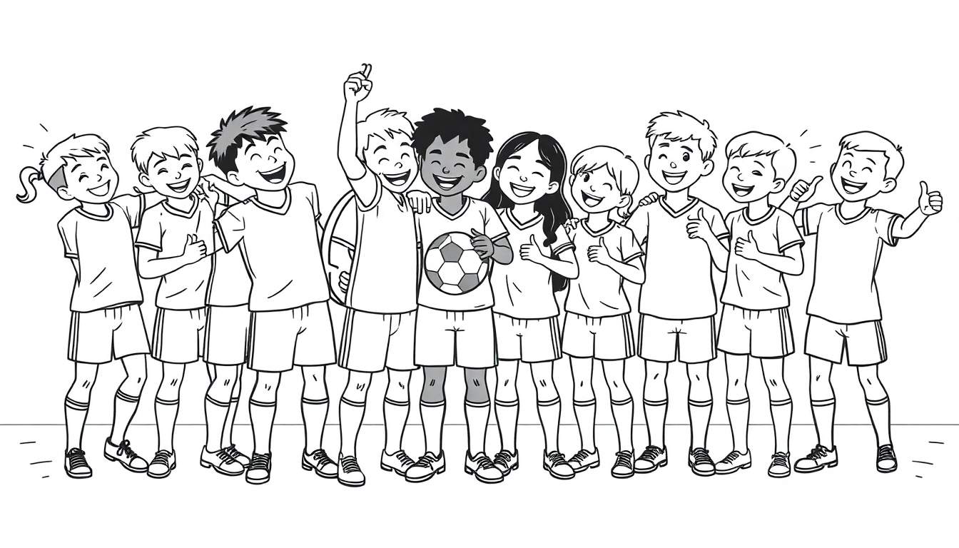 Placa de color de un equipo de fútbol infantil celebrando con un pulgar hacia arriba y un balón.
