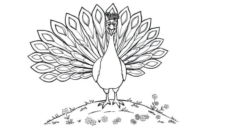 Un pavo real en una placa de color con la cola desplegada, listo para colorear.
