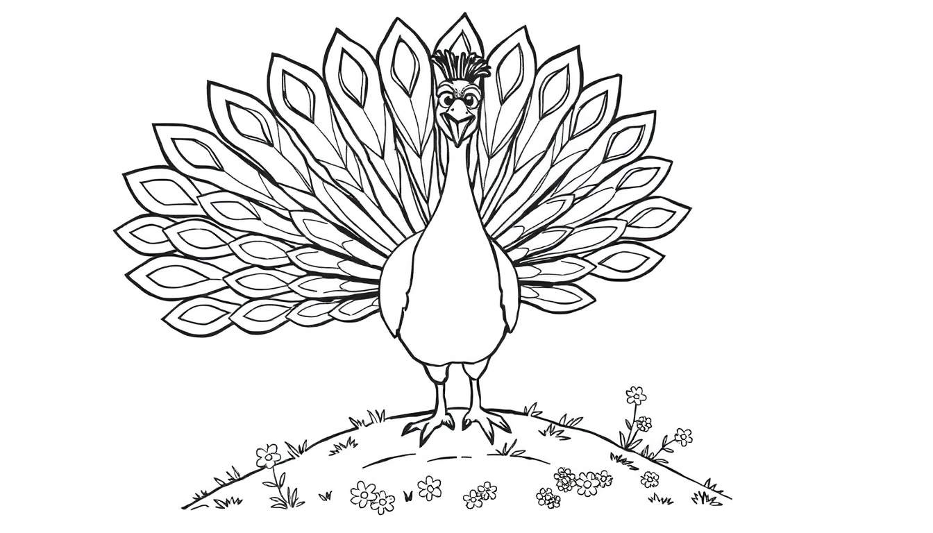 Un pavo real en una placa de color con la cola desplegada, listo para colorear.