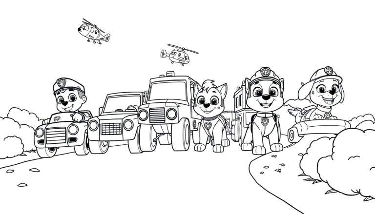 Dibujo en blanco y negro de la Patrulla Canina lista para la acción, con sus vehículos y helicópteros, esperando ser coloreados con placa de color.