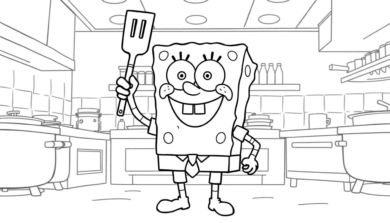Bob Esponja sonriente con una espátula en la cocina del Crustáceo Crujiente, listo para colorear en esta placa de color.