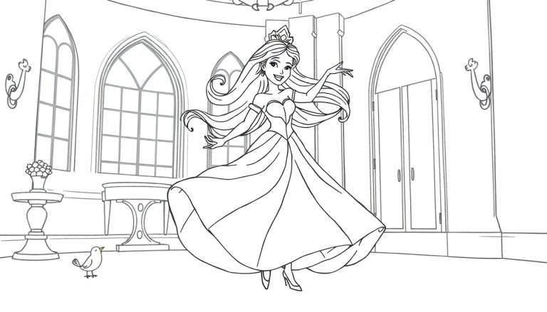 Placa de color de una princesa sonriendo y bailando en un salón de baile gótico.