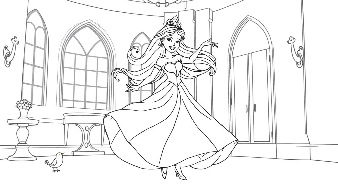 Placa de color de una princesa sonriendo y bailando en un salón de baile gótico.