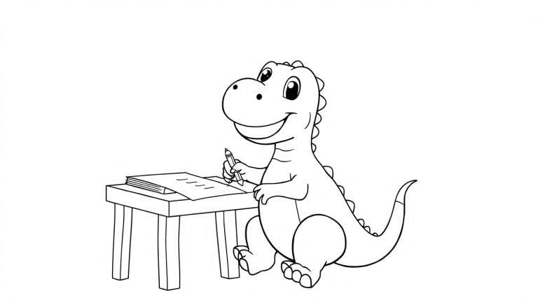 Un tierno dinosaurio animado sentado en una mesa, escribiendo en un papel con un lápiz. Dibujo lineal para colorear.