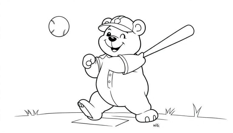 Un oso de peluche sonriente con un bate de béisbol, listo para batear una pelota en esta placa de color.