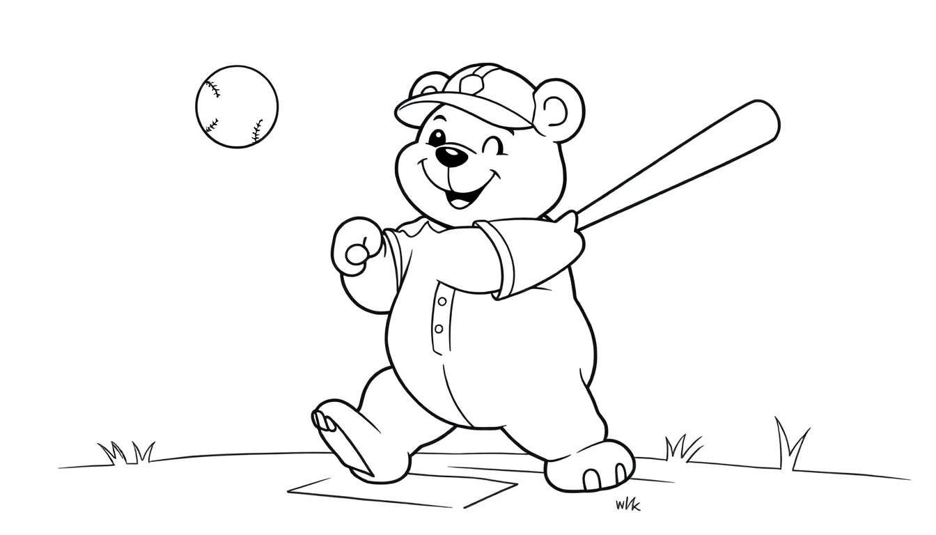Un oso de peluche sonriente con un bate de béisbol, listo para batear una pelota en esta placa de color.