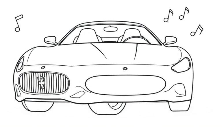 Dibujo lineal de un coche deportivo descapotable con notas musicales, listo para colorear con una placa de color vibrante.