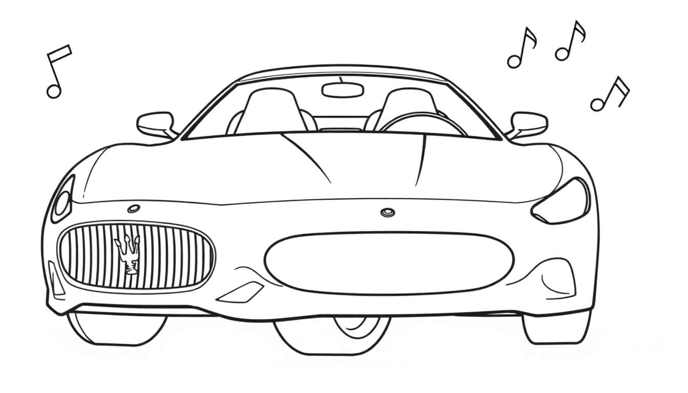 Dibujo lineal de un coche deportivo descapotable con notas musicales, listo para colorear con una placa de color vibrante.