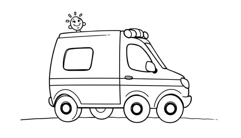 Ambulancia de caricatura lista para la acción, con la placa de color bien visible.