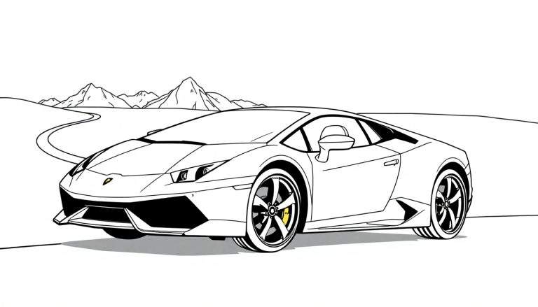Dibujo lineal en blanco y negro de un Lamborghini Huracán con contornos nítidos, listo para añadir color.