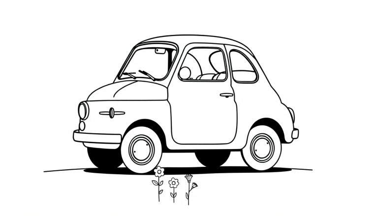 Un simpático coche de estilo antiguo, como un Fiat 500, para colorear. Incluye la placa de color lista para pintar.