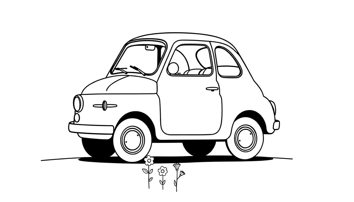 Un simpático coche de estilo antiguo, como un Fiat 500, para colorear. Incluye la placa de color lista para pintar.