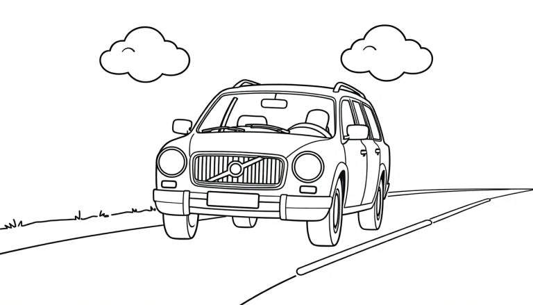 Un dibujo lineal de un Volvo clásico en una carretera con nubes, listo para añadirle su propia placa de color.