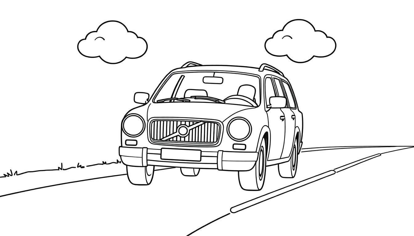 Un dibujo lineal de un Volvo clásico en una carretera con nubes, listo para añadirle su propia placa de color.