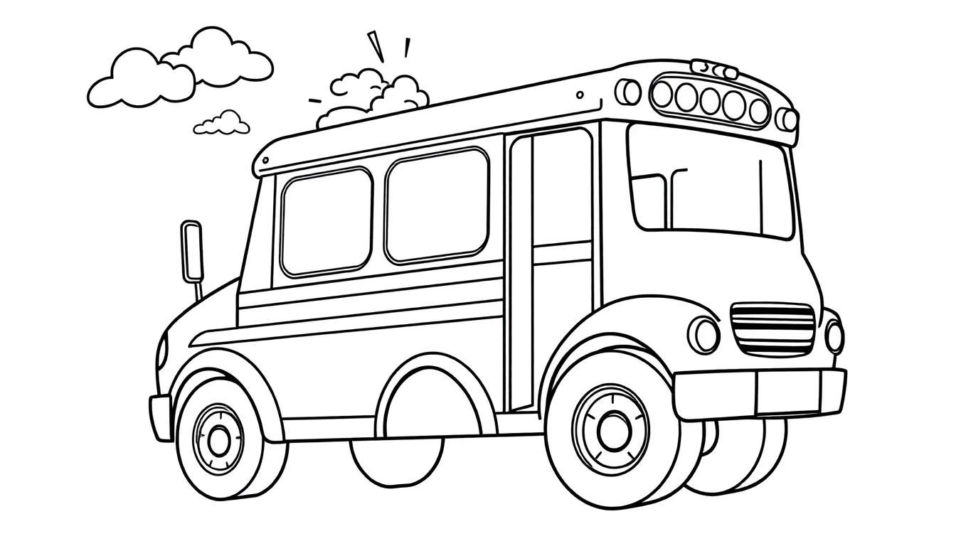 Un autobús escolar de dibujos animados en blanco y negro con grandes ruedas y nubes de caricatura alrededor, listo para ser coloreado. Es una placa para colorear.