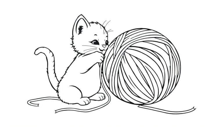 Un gatito juguetón listo para colorear en una placa de color, jugando con un ovillo de lana.