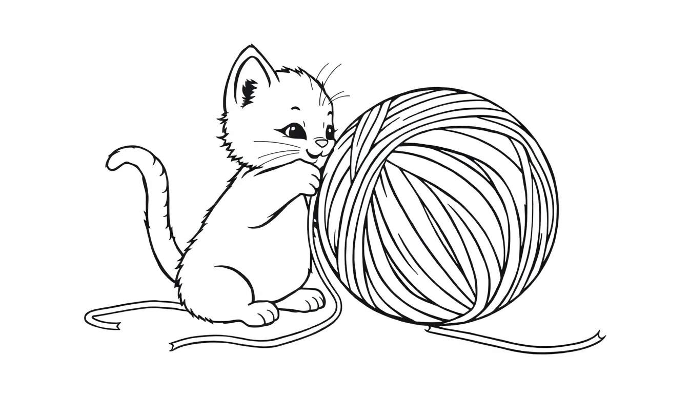 Un gatito juguetón listo para colorear en una placa de color, jugando con un ovillo de lana.