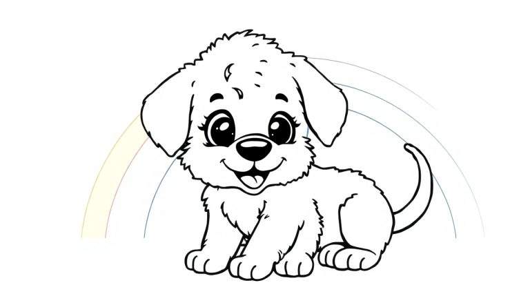 Un cachorro blanco y negro sentado frente a un arcoíris parcial para colorear, una placa de color esperando ser pintada.