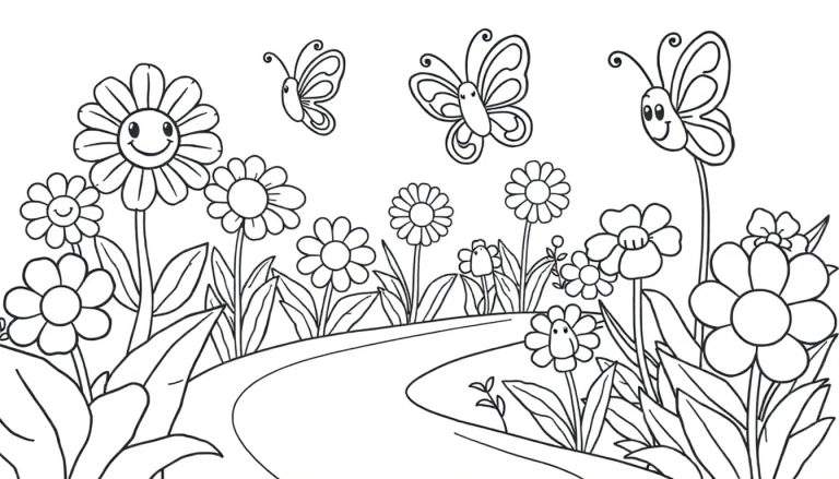 Placa de color de un jardín primaveral con flores sonrientes y mariposas.