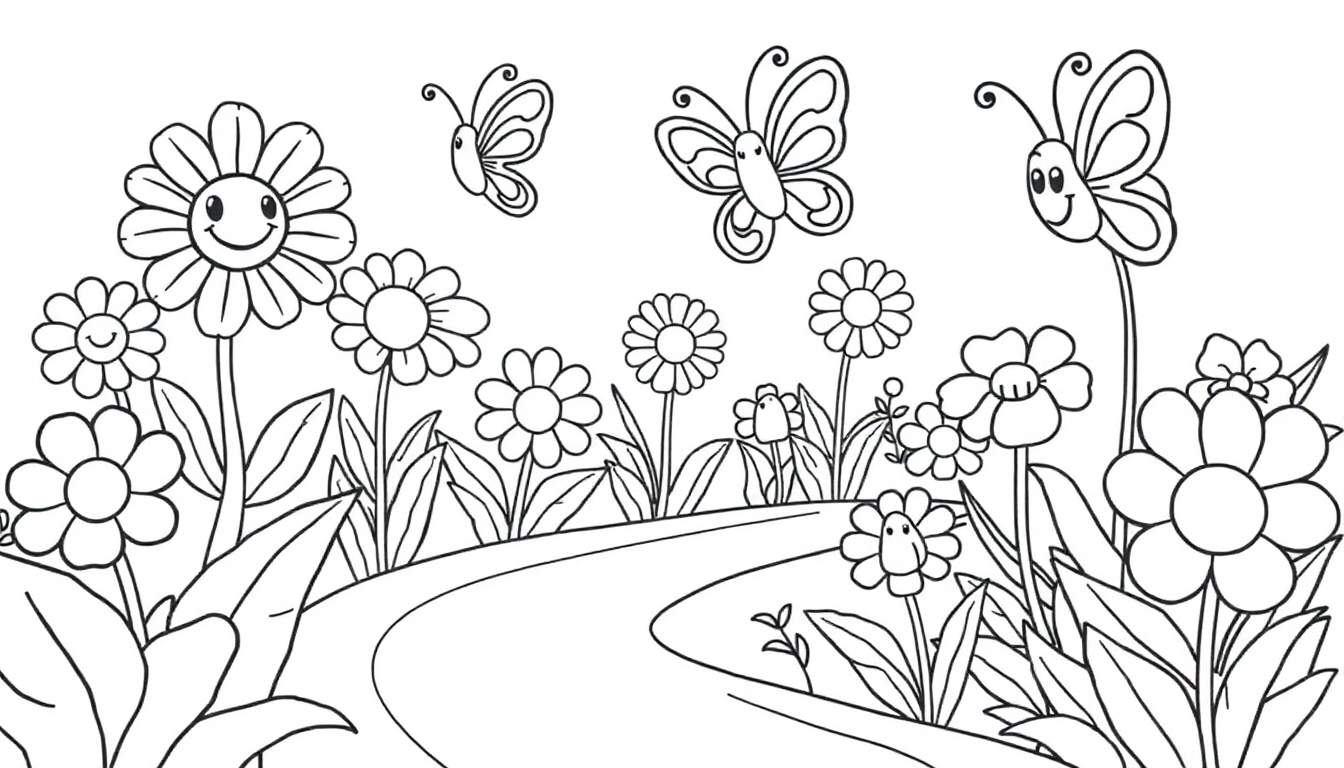 Placa de color de un jardín primaveral con flores sonrientes y mariposas.