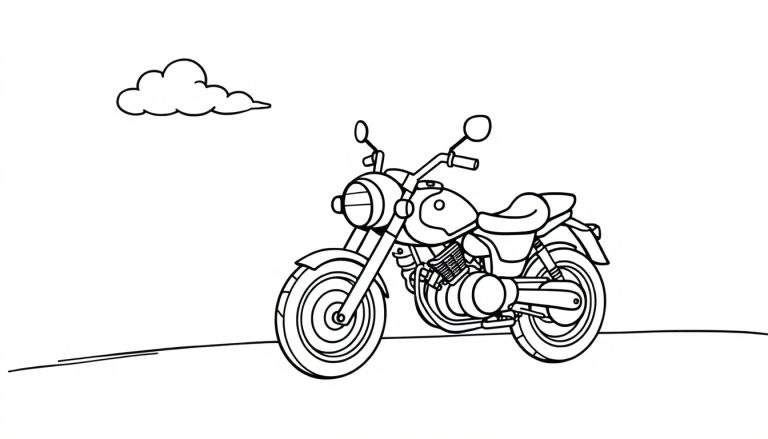 Placa de color de una motocicleta de dibujos animados con un paisaje simple.