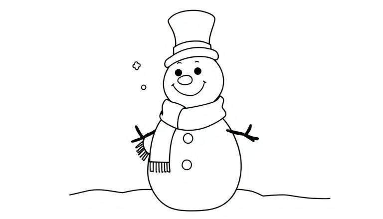 Un muñeco de nieve amigable listo para colorear, con sombrero de copa, bufanda y botones. Diseño simple, ideal para una placa de color.