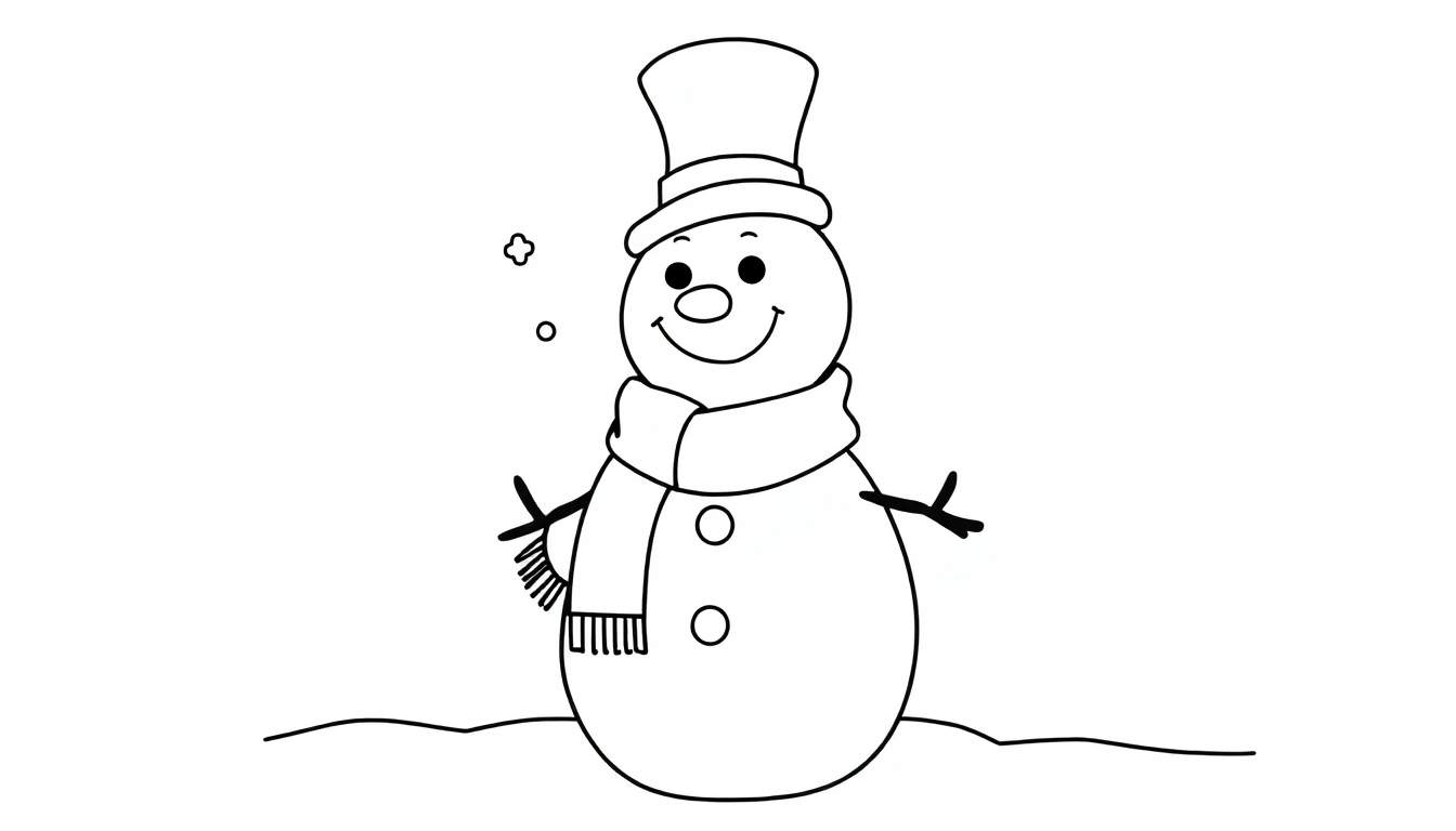 Un muñeco de nieve amigable listo para colorear, con sombrero de copa, bufanda y botones. Diseño simple, ideal para una placa de color.