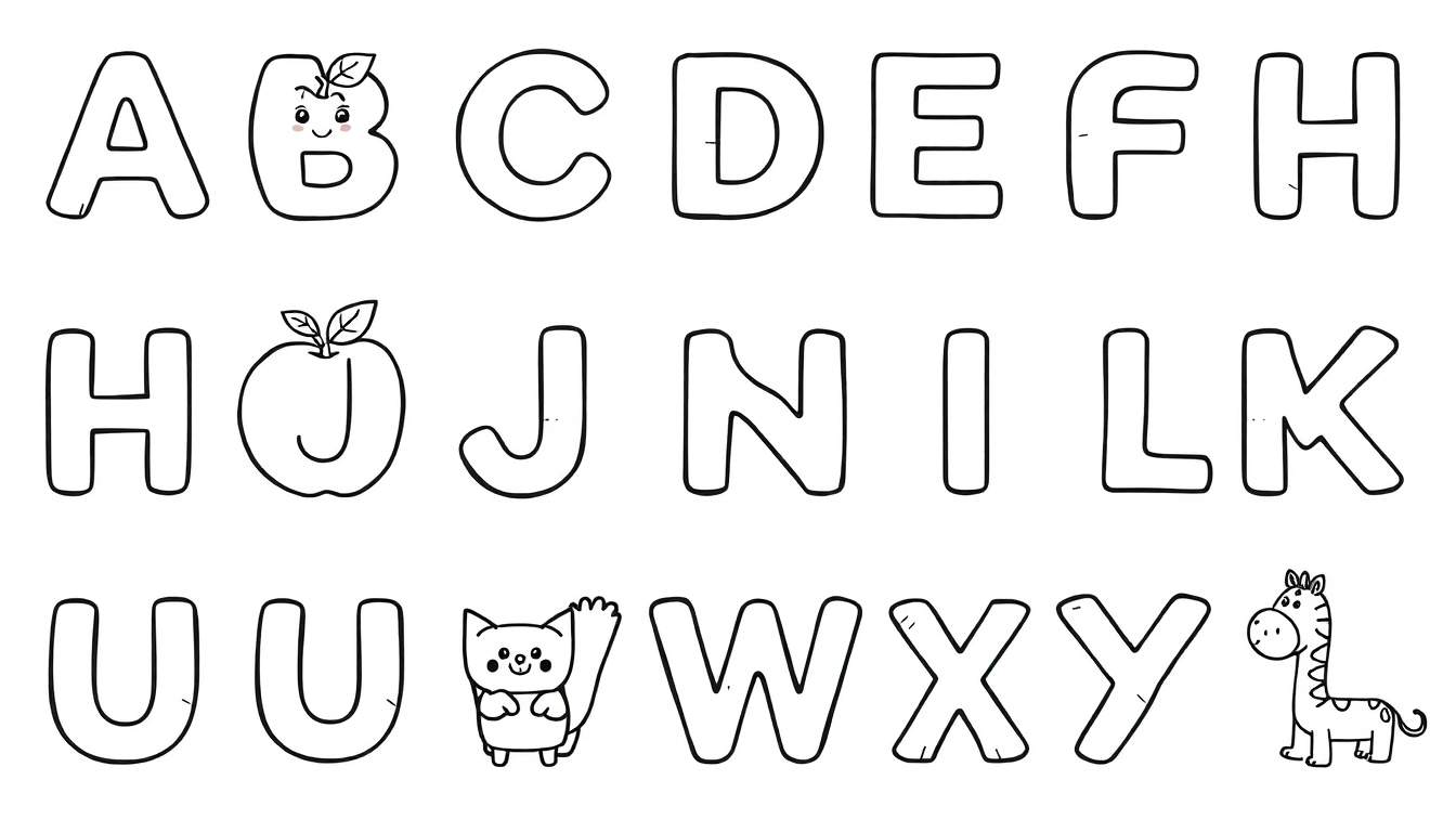 Placa de color con abecedario para colorear, con letras infladas y dibujos divertidos como un gato y una cebra.