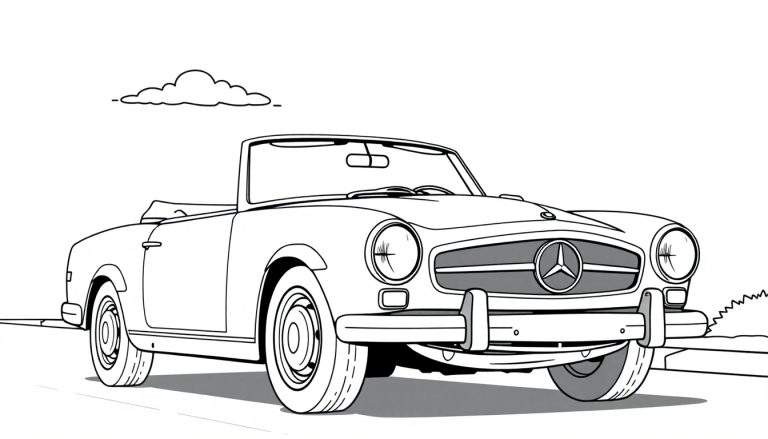 Un coche clásico Mercedes-Benz descapotable listo para colorear, con su placa de color esperando.