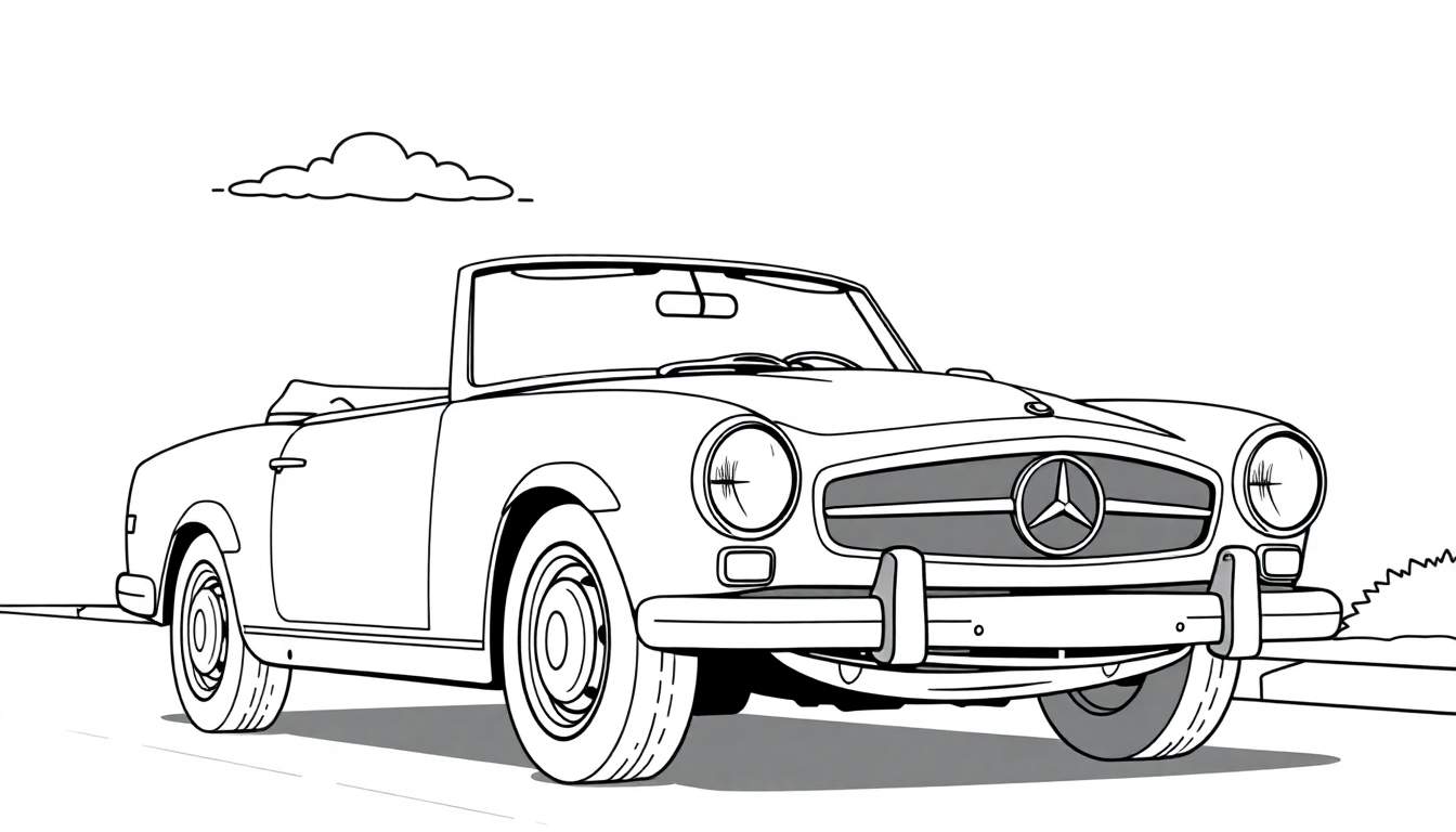 Un coche clásico Mercedes-Benz descapotable listo para colorear, con su placa de color esperando.