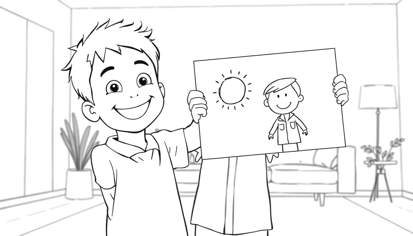 Placa de color: niño feliz sosteniendo un dibujo para su papá.