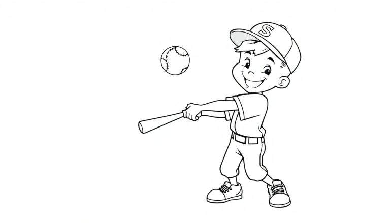 Dibujo lineal en blanco y negro de un niño con gorra de béisbol 'S' y bate, listo para golpear una pelota, para colorear.
