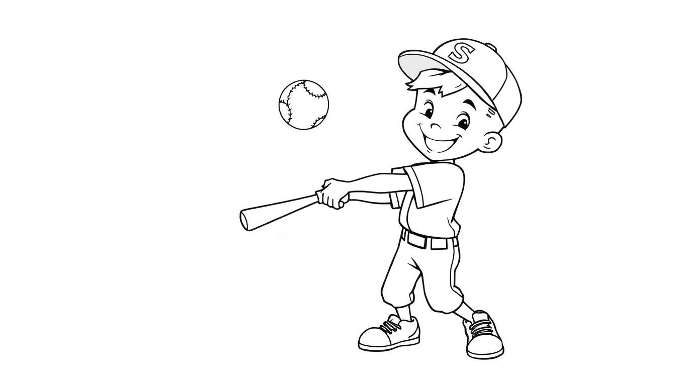 Dibujo lineal en blanco y negro de un niño con gorra de béisbol 'S' y bate, listo para golpear una pelota, para colorear.