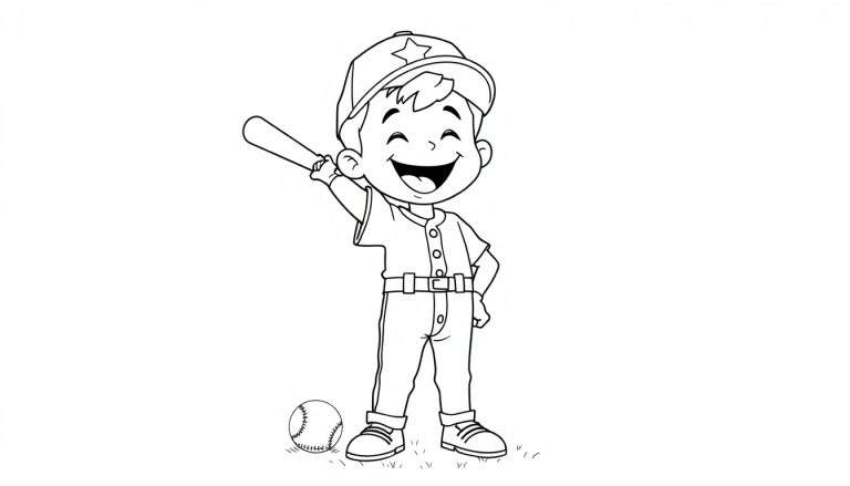 Dibujo lineal de un niño bateador de béisbol sonriendo con un bate y una pelota, listo para una página para colorear.