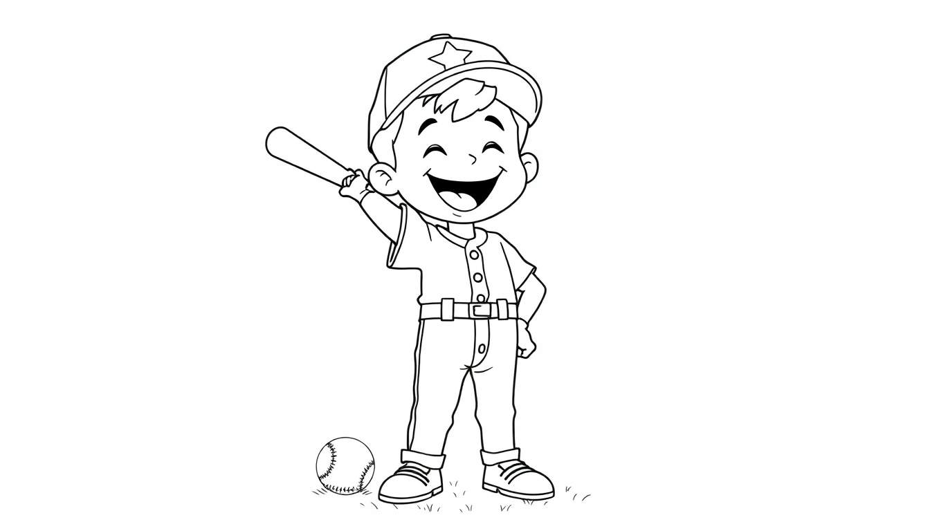 Dibujo lineal de un niño bateador de béisbol sonriendo con un bate y una pelota, listo para una página para colorear.