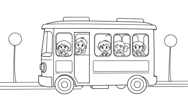 Placa de color de un autobús escolar con niños sonriendo mirando por las ventanas.