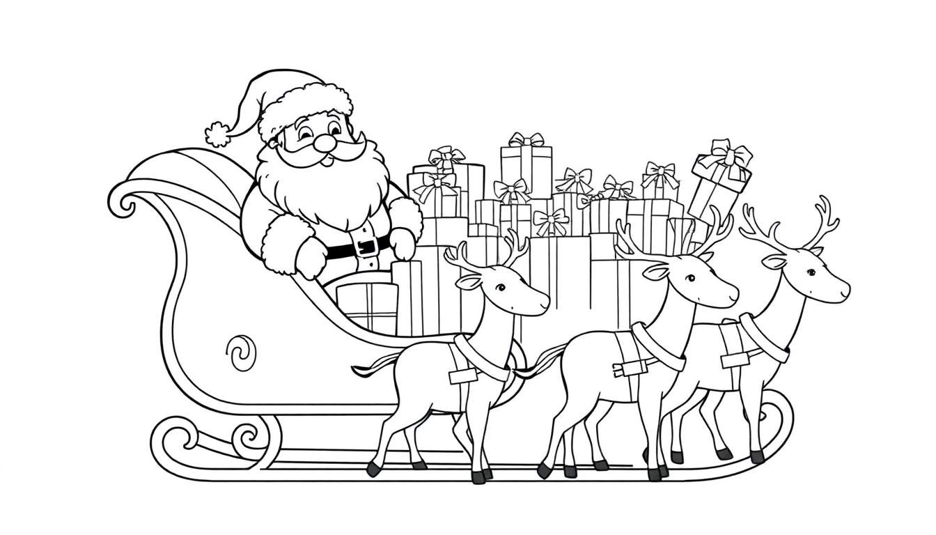 Papá Noel en su trineo con renos, listo para entregar regalos. Placa para colorear.