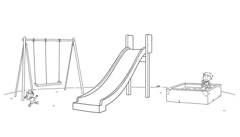 Página de colorear: un dibujo lineal de un parque infantil con columpios, un tobogán y un arenero, listo para ser coloreado.