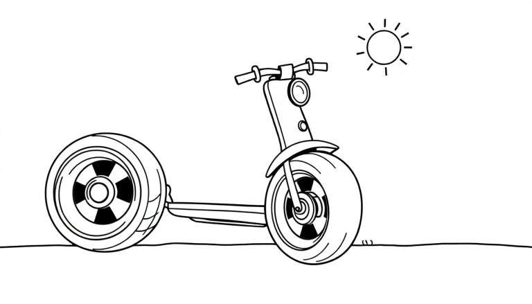 Un patinete de tres ruedas de color para colorear con ruedas grandes y un sol brillante arriba.