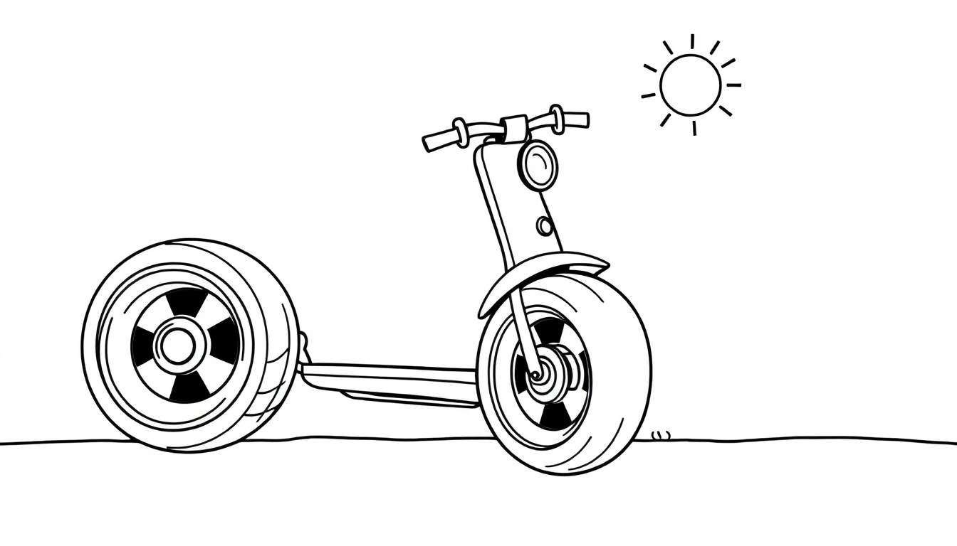 Un patinete de tres ruedas de color para colorear con ruedas grandes y un sol brillante arriba.