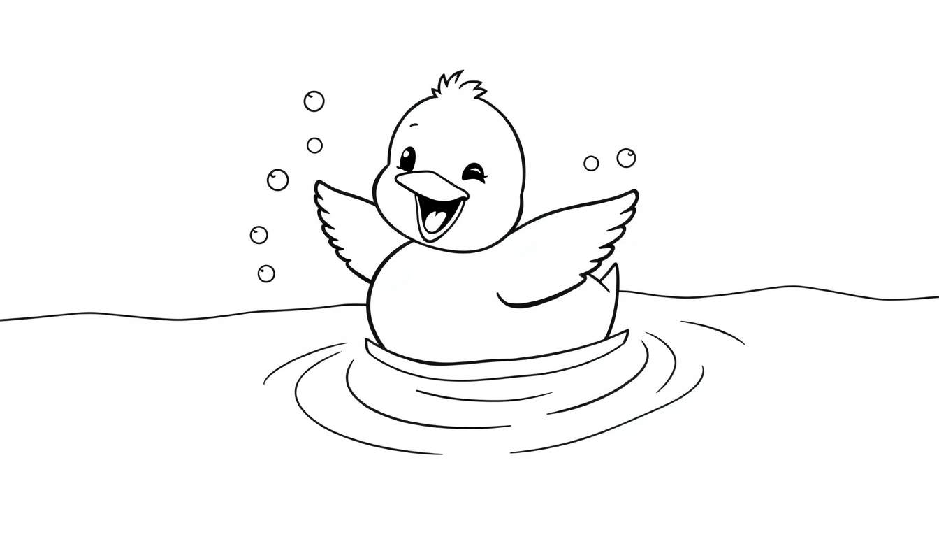 Un patito feliz salpicando en el agua, listo para colorear en la placa de color.