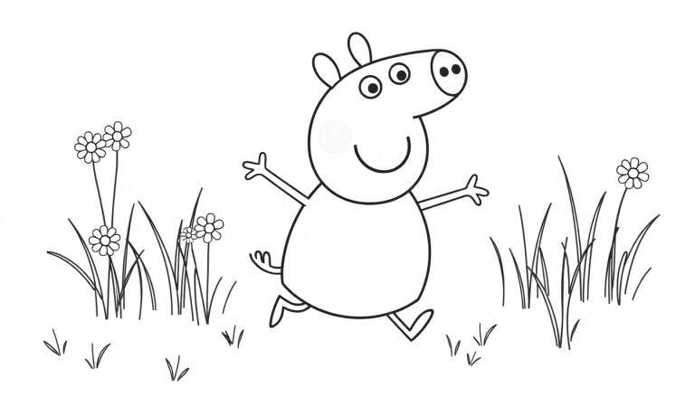 Peppa Pig corriendo en un campo, lista para colorear en esta placa de color.
