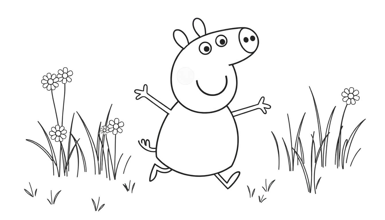 Peppa Pig corriendo en un campo, lista para colorear en esta placa de color.