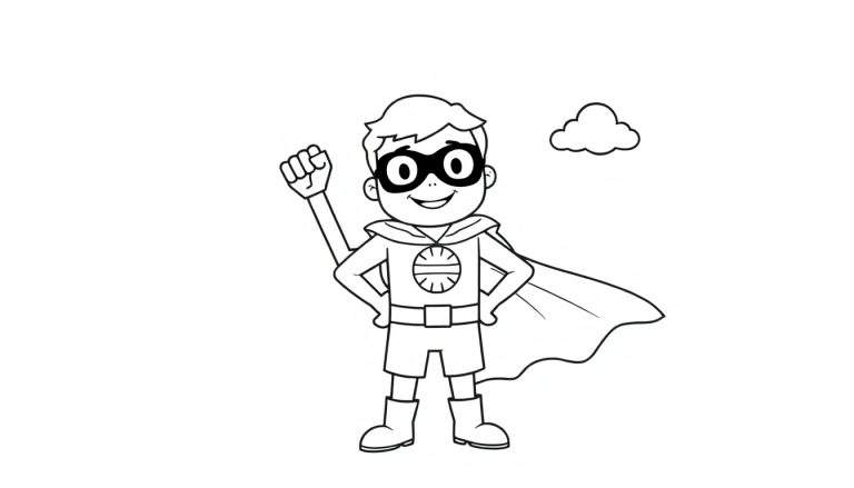 Un niño sonriente disfrazado de superhéroe en una placa de color para colorear, con capa, máscara y puño en alto.