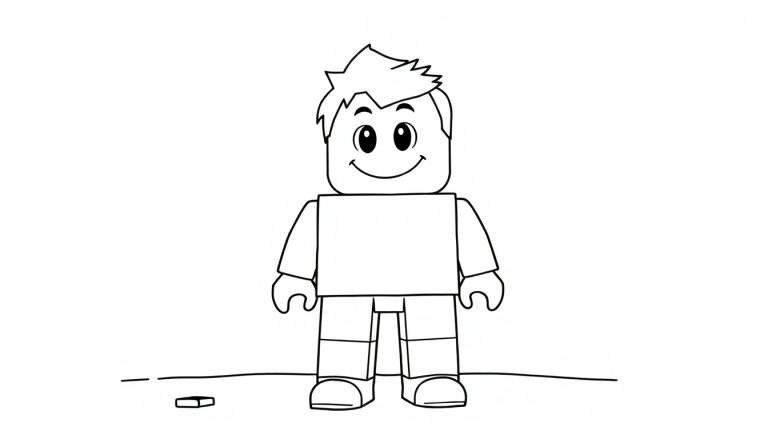 Un personaje tipo Roblox con contorno negro, listo para colorear, sobre una placa de color blanco.